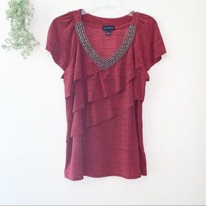 I.N. Studio Red with Black Blouse Beaded V Neck